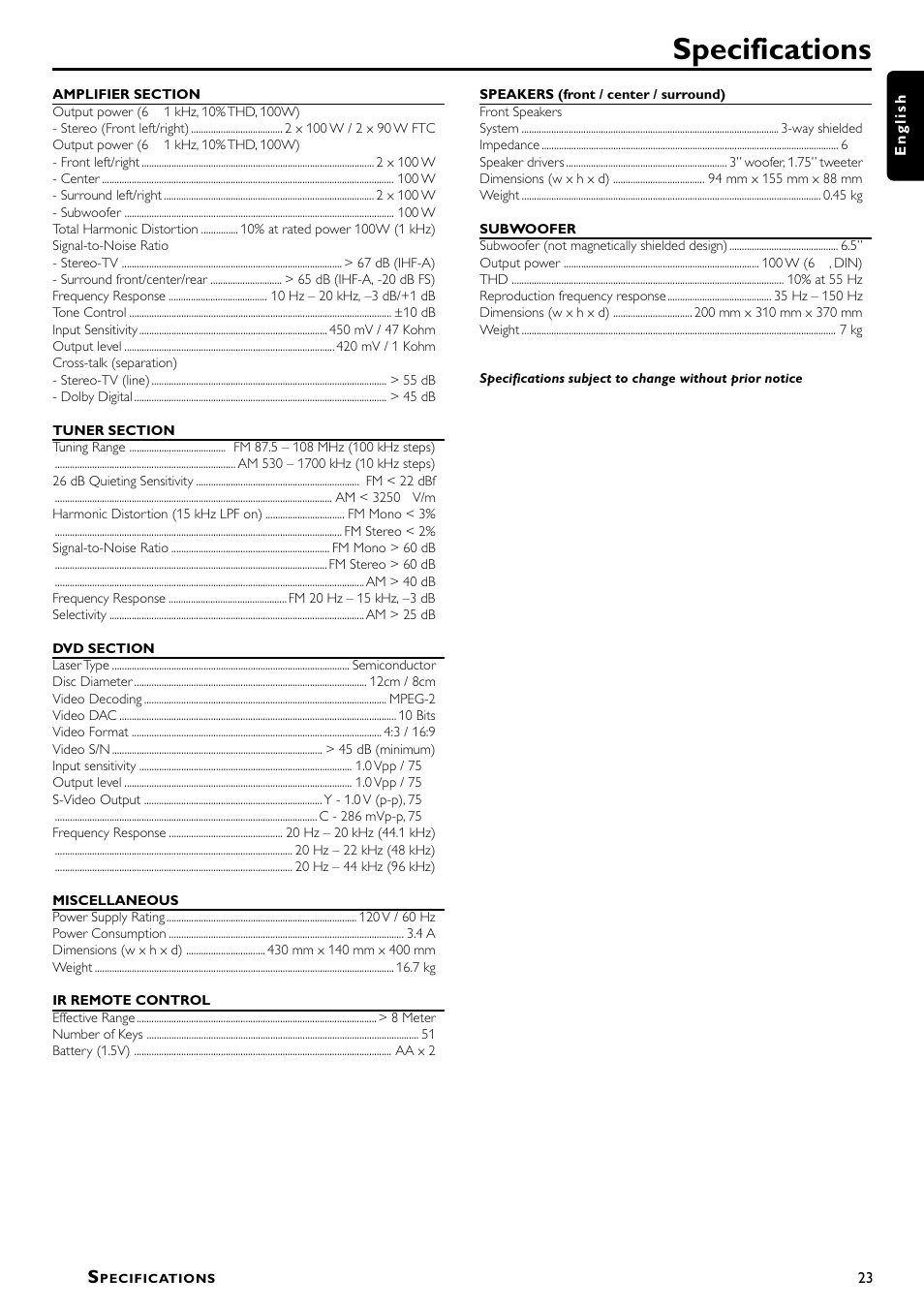 Specifications | Philips MX5000/37 User Manual | Page 25 / 27