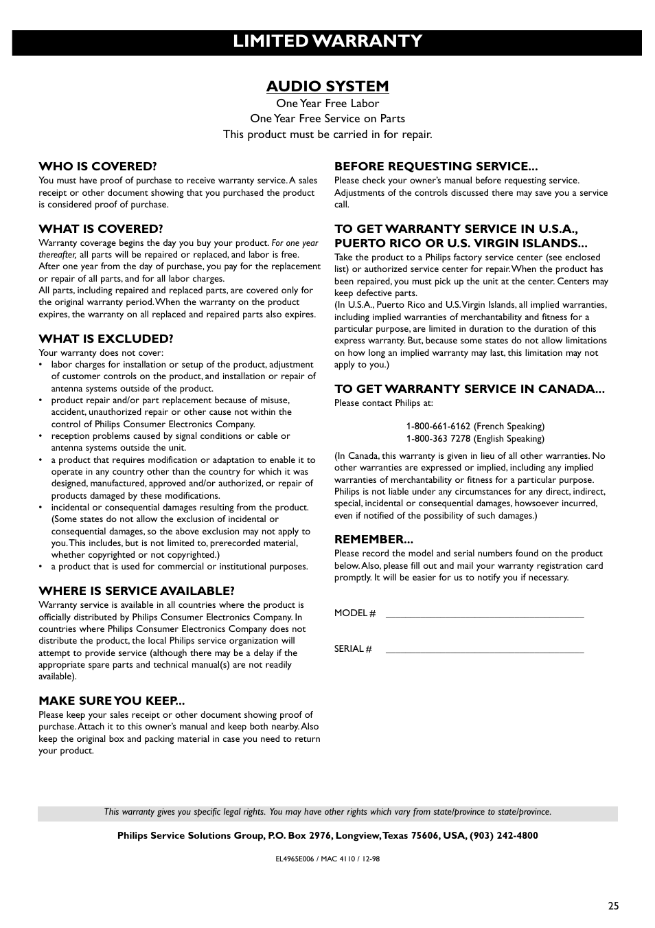 Limited warranty, Audio system | Philips MX5000/37 User Manual | Page 27 / 27