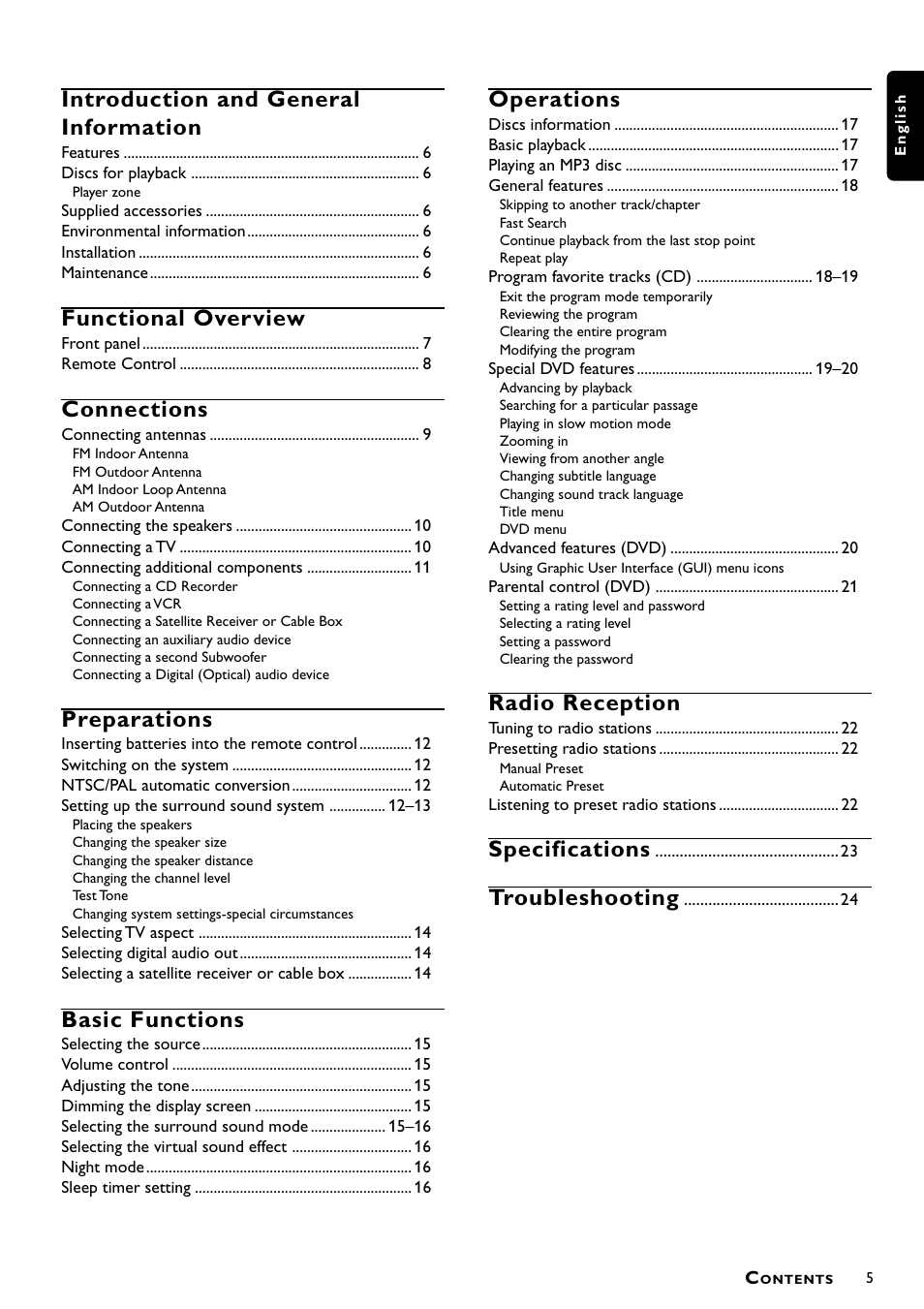 Introduction and general information, Functional overview, Connections | Preparations, Basic functions, Operations, Radio reception, Specifications, Troubleshooting | Philips MX5000/37 User Manual | Page 7 / 27