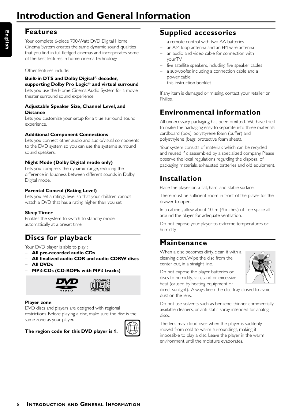 Introduction and general information, Features, Discs for playback | Supplied accessories, Environmental information, Installation, Maintenance | Philips MX5000/37 User Manual | Page 8 / 27