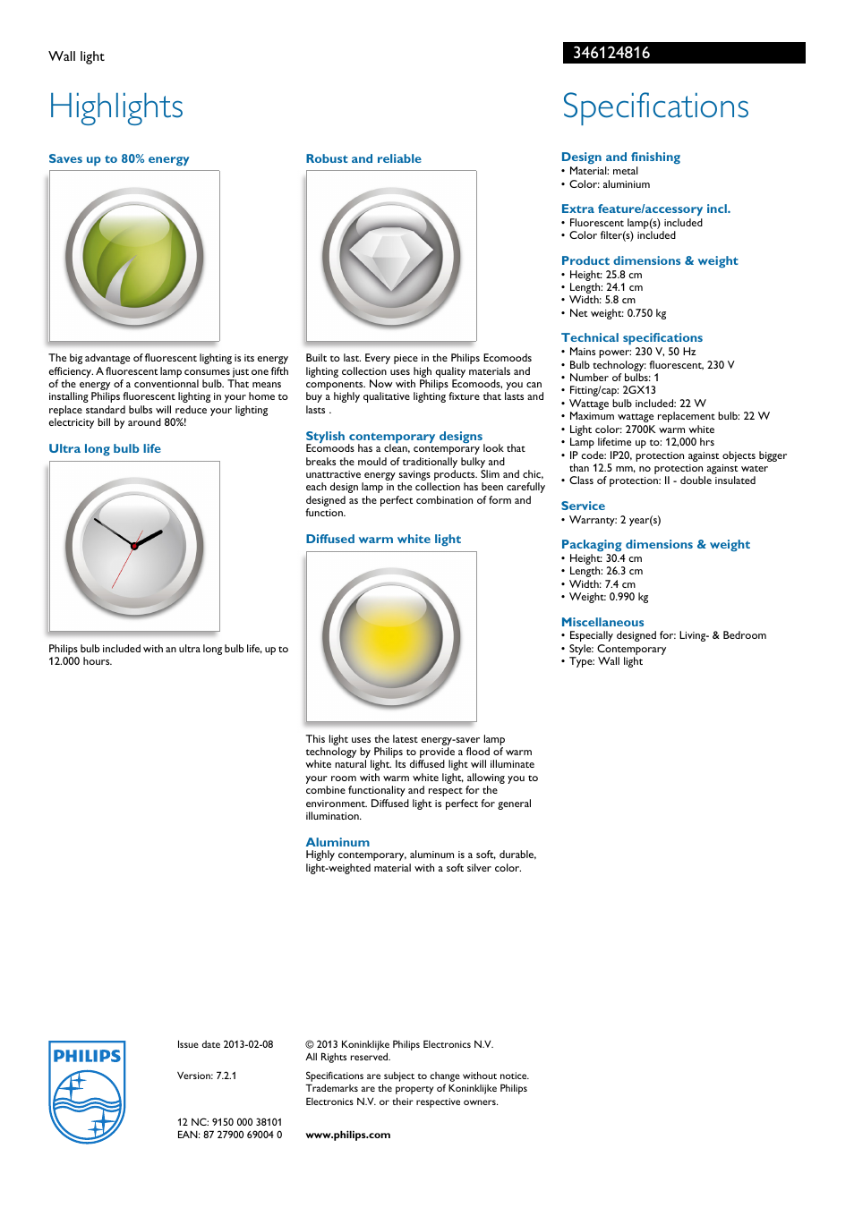 Highlights, Specifications | Philips Ecomoods 34612/48/16 User Manual | Page 2 / 2