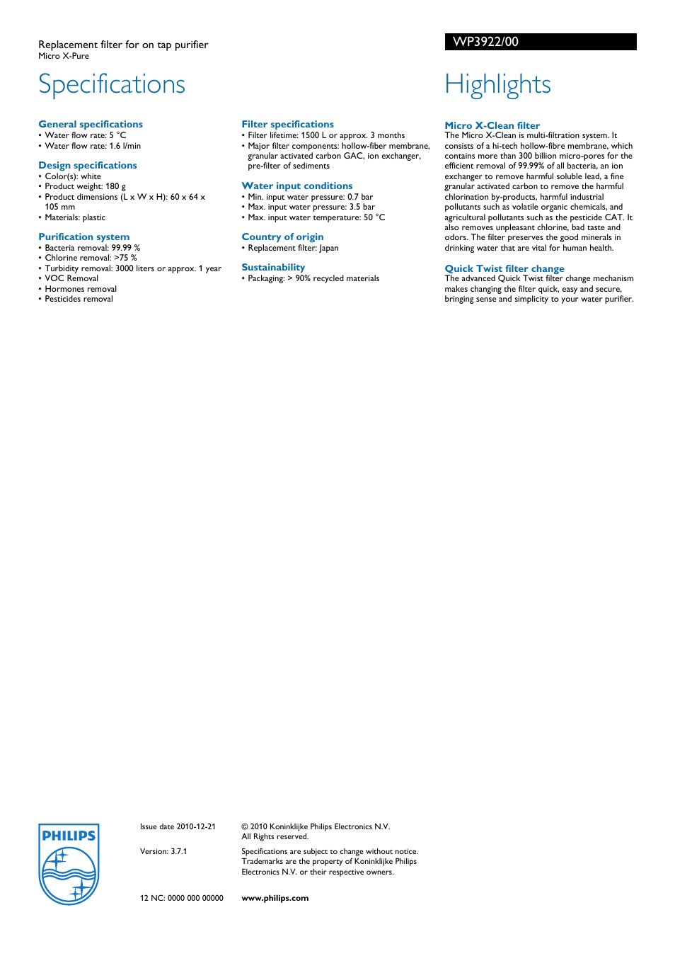 Specifications, Highlights | Philips WP3922 User Manual | Page 2 / 2