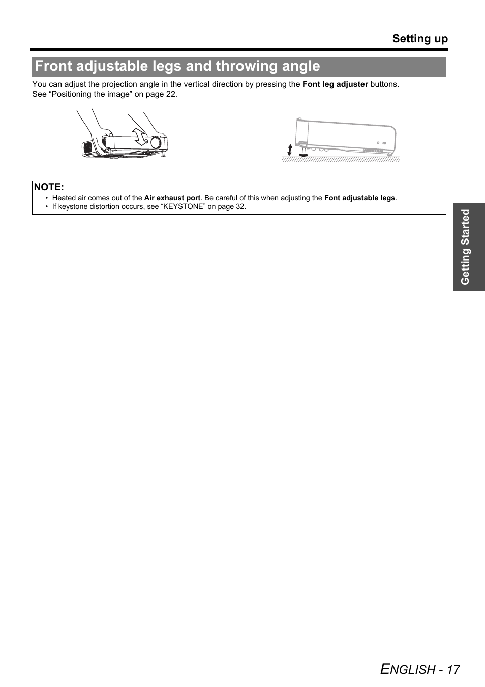 Front adjustable legs and throwing angle | Philips PT-LB51SU User Manual | Page 17 / 62