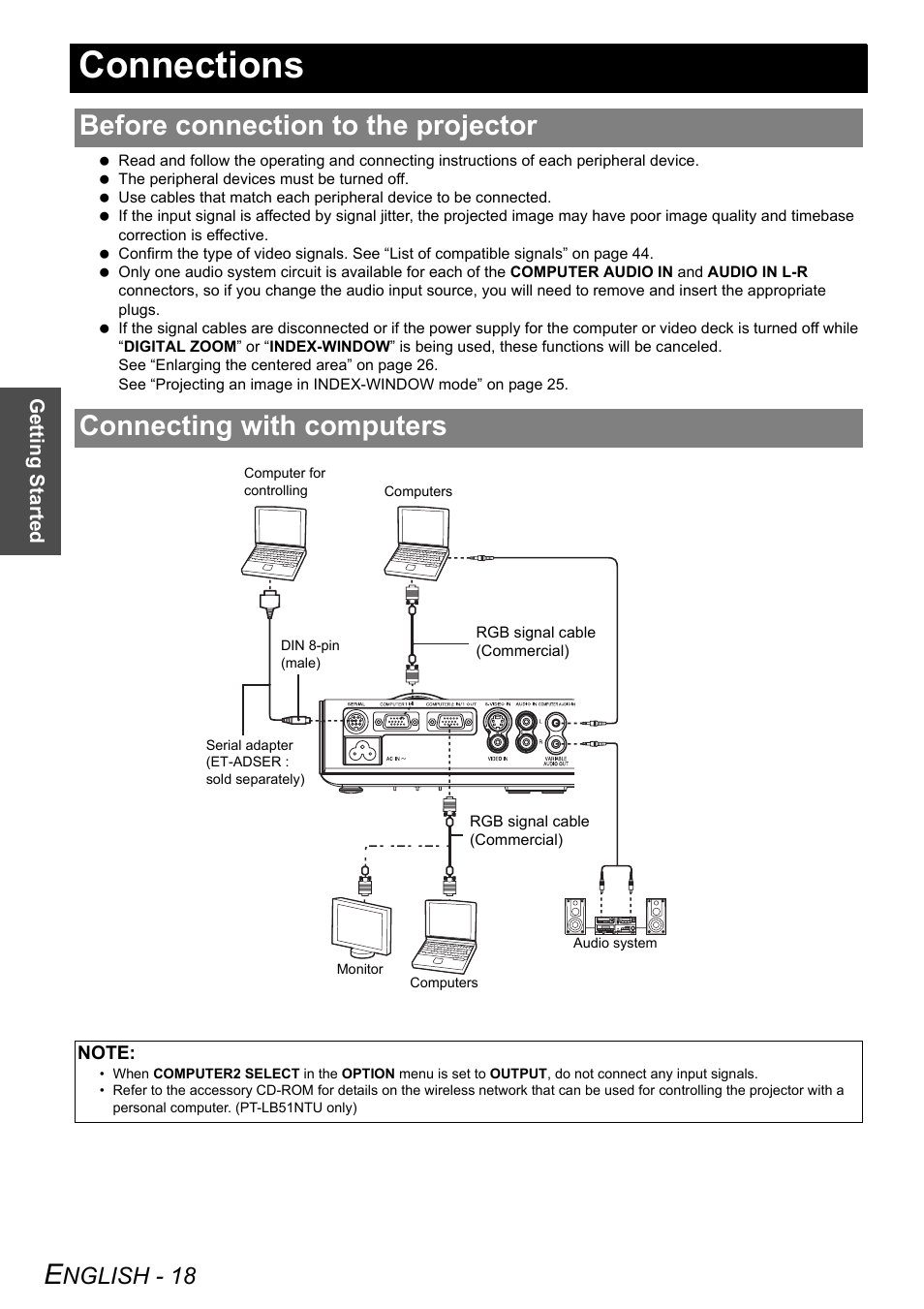 Connections, Before connection to the projector, Connecting with computers | Nglish - 18 | Philips PT-LB51SU User Manual | Page 18 / 62