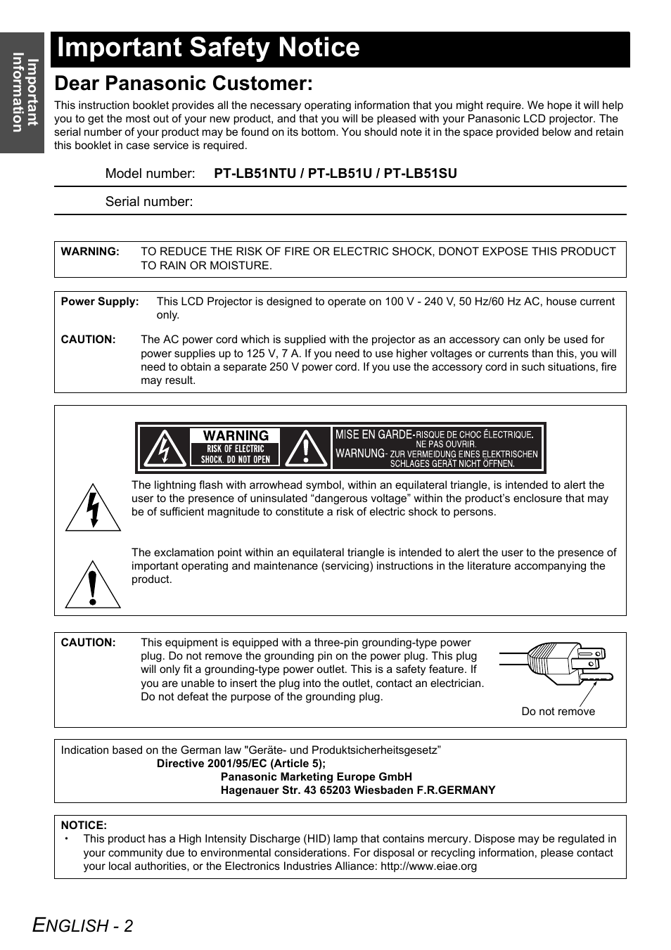 Important safety notice, Dear panasonic customer, Nglish - 2 | Philips PT-LB51SU User Manual | Page 2 / 62