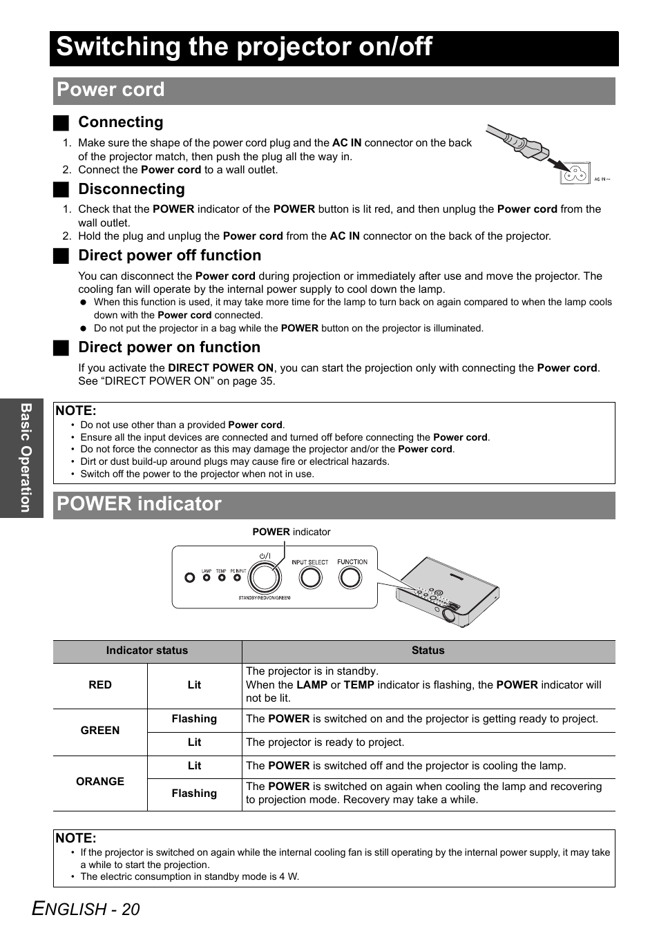 Switching the projector on/off, Power cord, Power indicator | Nglish - 20, Jconnecting, Jdisconnecting, Jdirect power off function, Jdirect power on function | Philips PT-LB51SU User Manual | Page 20 / 62