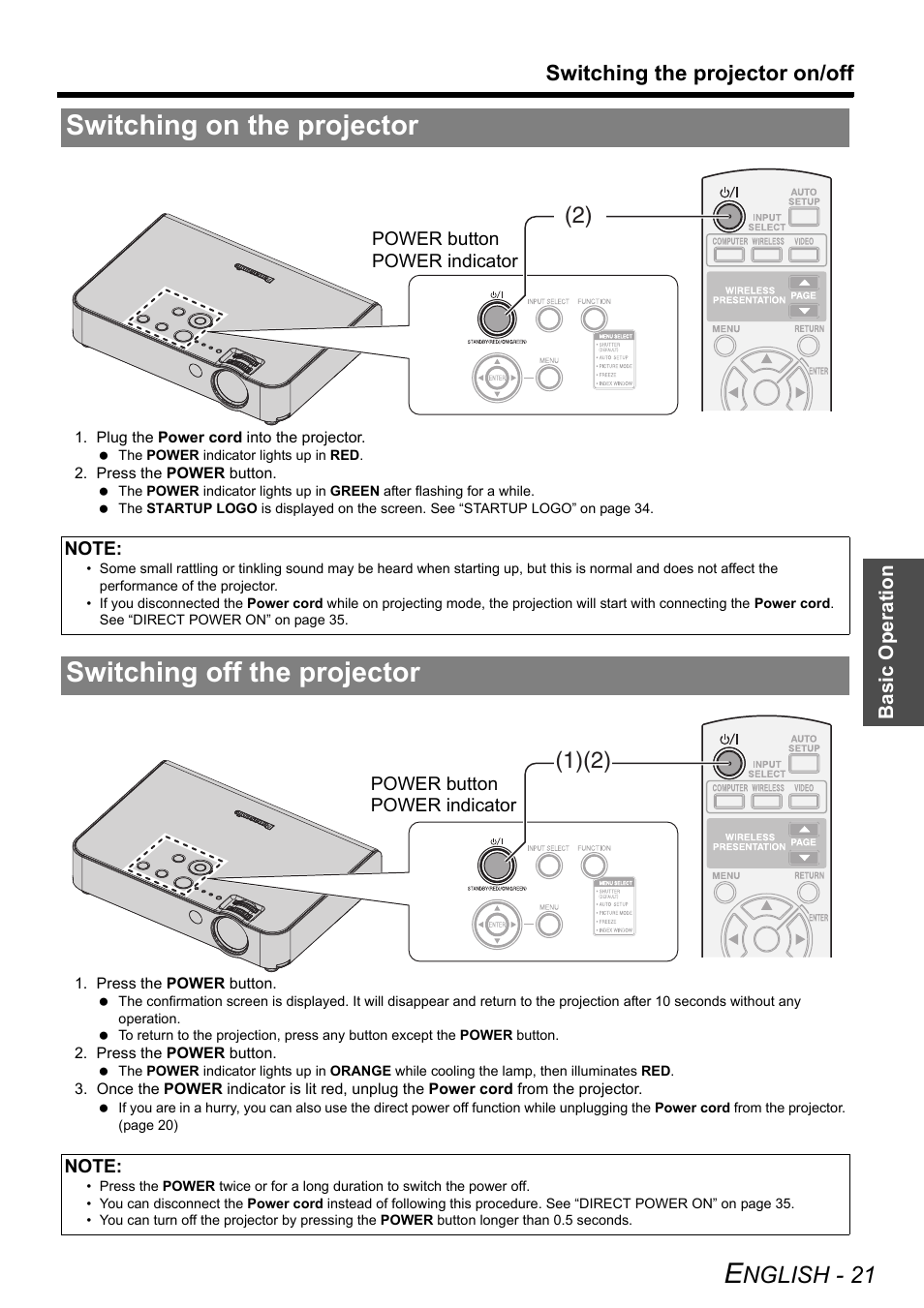 Switching on the projector, Switching off the projector, Nglish - 21 | Switching the projector on/off | Philips PT-LB51SU User Manual | Page 21 / 62