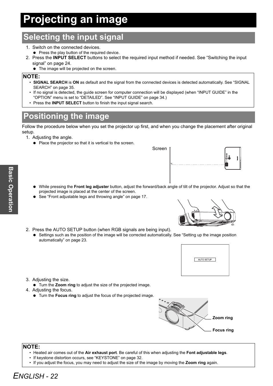 Projecting an image, Selecting the input signal, Positioning the image | Nglish - 22 | Philips PT-LB51SU User Manual | Page 22 / 62