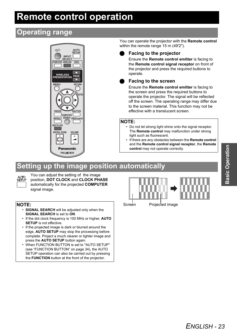 Remote control operation, Operating range, Setting up the image position automatically | Nglish - 23, Basic o p eration, Qfacing to the projector, Qfacing to the screen | Philips PT-LB51SU User Manual | Page 23 / 62