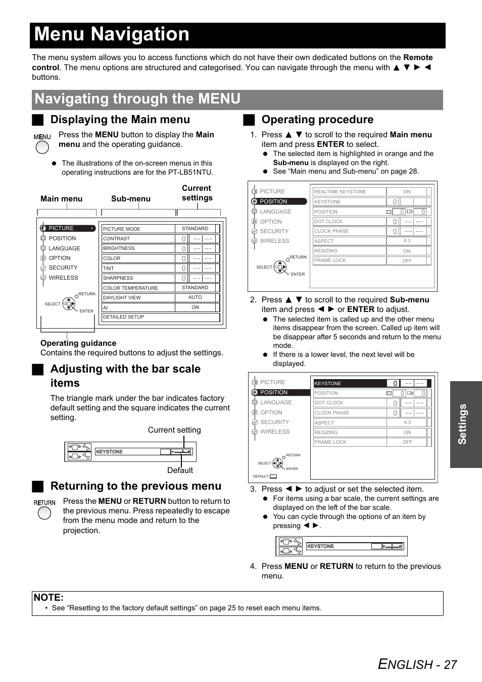 Menu navigation, Navigating through the menu, Nglish - 27 | Jdisplaying the main menu, Jadjusting with the bar scale items, Jreturning to the previous menu, Joperating procedure, Settings | Philips PT-LB51SU User Manual | Page 27 / 62