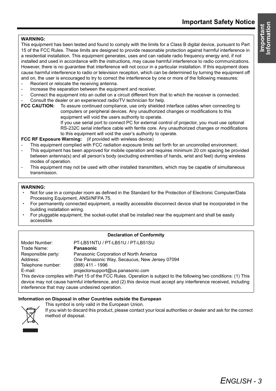 Nglish - 3, Important safety notice, Important information | Philips PT-LB51SU User Manual | Page 3 / 62