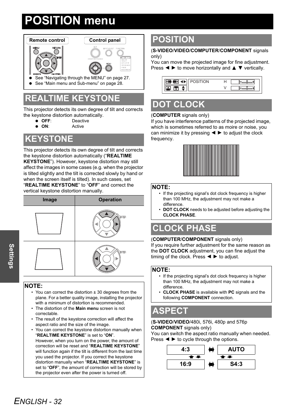 Position menu, Realtime keystone, Keystone | Position, Dot clock, Clock phase, Aspect, Realtime keystone keystone, Position dot clock, Nglish - 32 | Philips PT-LB51SU User Manual | Page 32 / 62