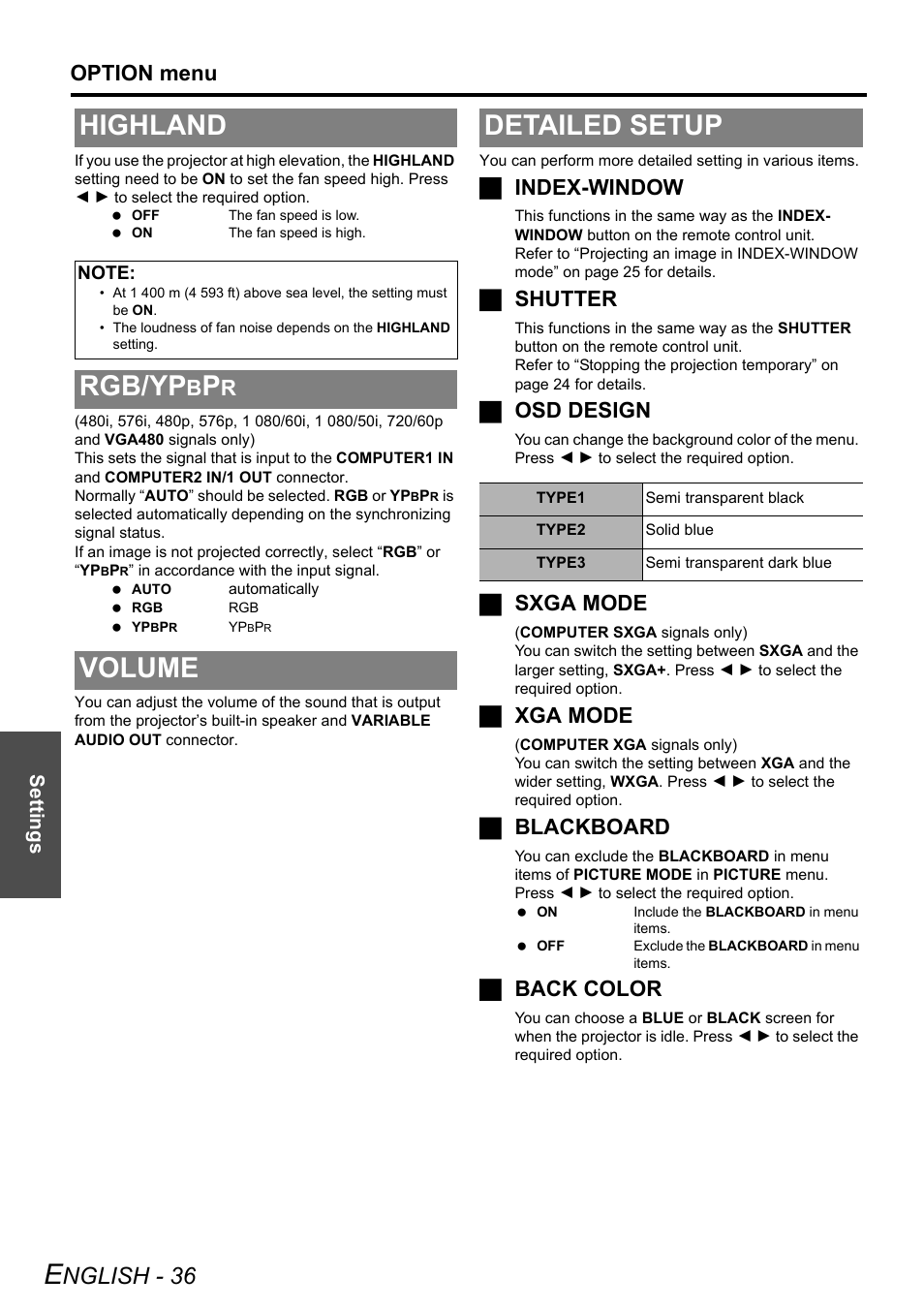 Highland, Rgb/ypbpr, Volume | Detailed setup, Rgb/yp, Volume detailed setup, Nglish - 36, Option menu, Jindex-window, Jshutter | Philips PT-LB51SU User Manual | Page 36 / 62