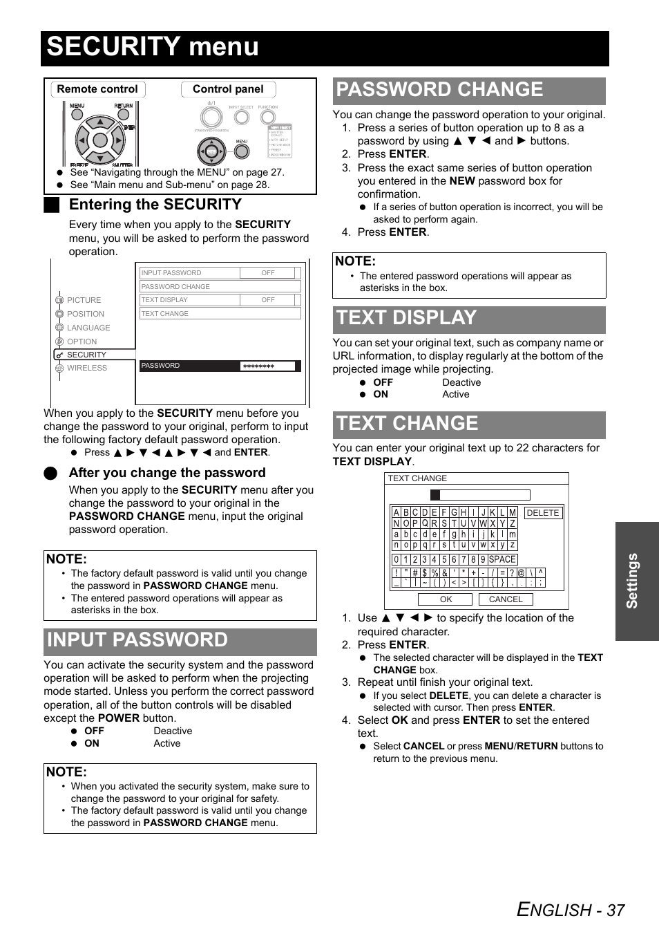 Security menu, Input password, Password change | Text display, Text change, Text display text change, Nglish - 37, Jentering the security, Settings, Qafter you change the password | Philips PT-LB51SU User Manual | Page 37 / 62