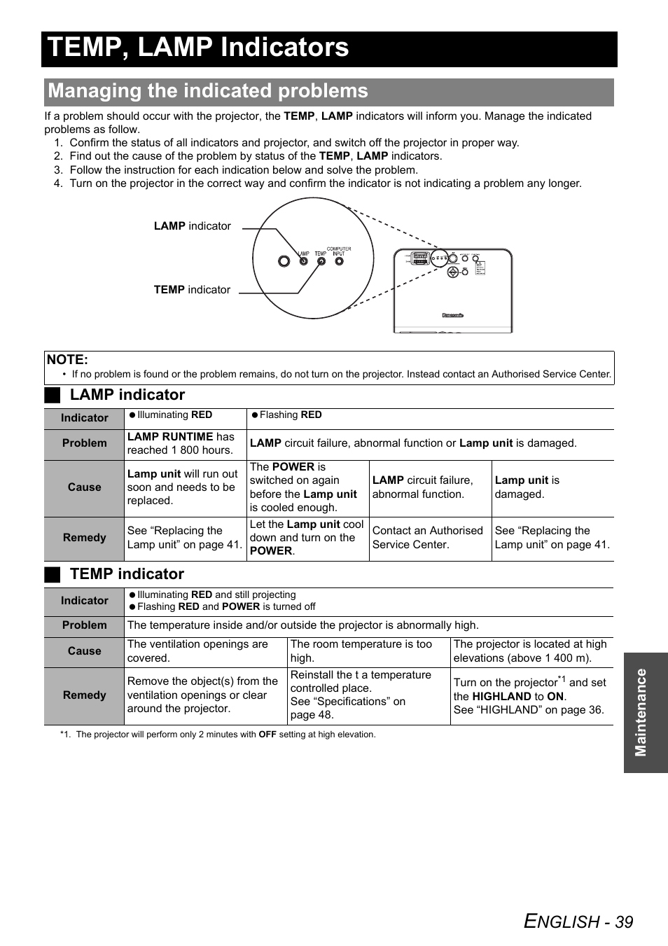 Temp, lamp indicators, Managing the indicated problems, Nglish - 39 | Jlamp indicator j temp indicator, Maintenance | Philips PT-LB51SU User Manual | Page 39 / 62