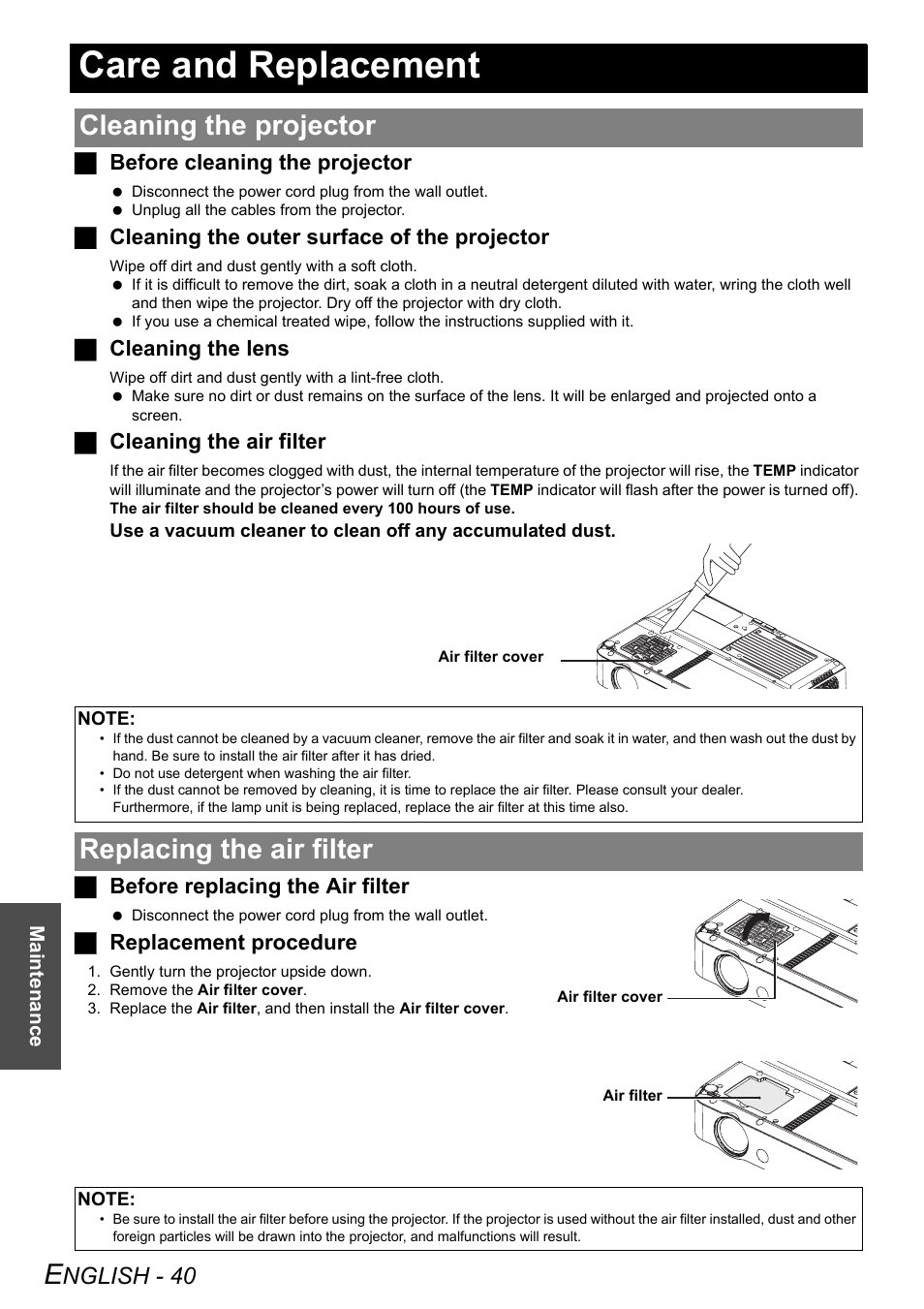 Care and replacement, Cleaning the projector, Replacing the air filter | Nglish - 40 | Philips PT-LB51SU User Manual | Page 40 / 62