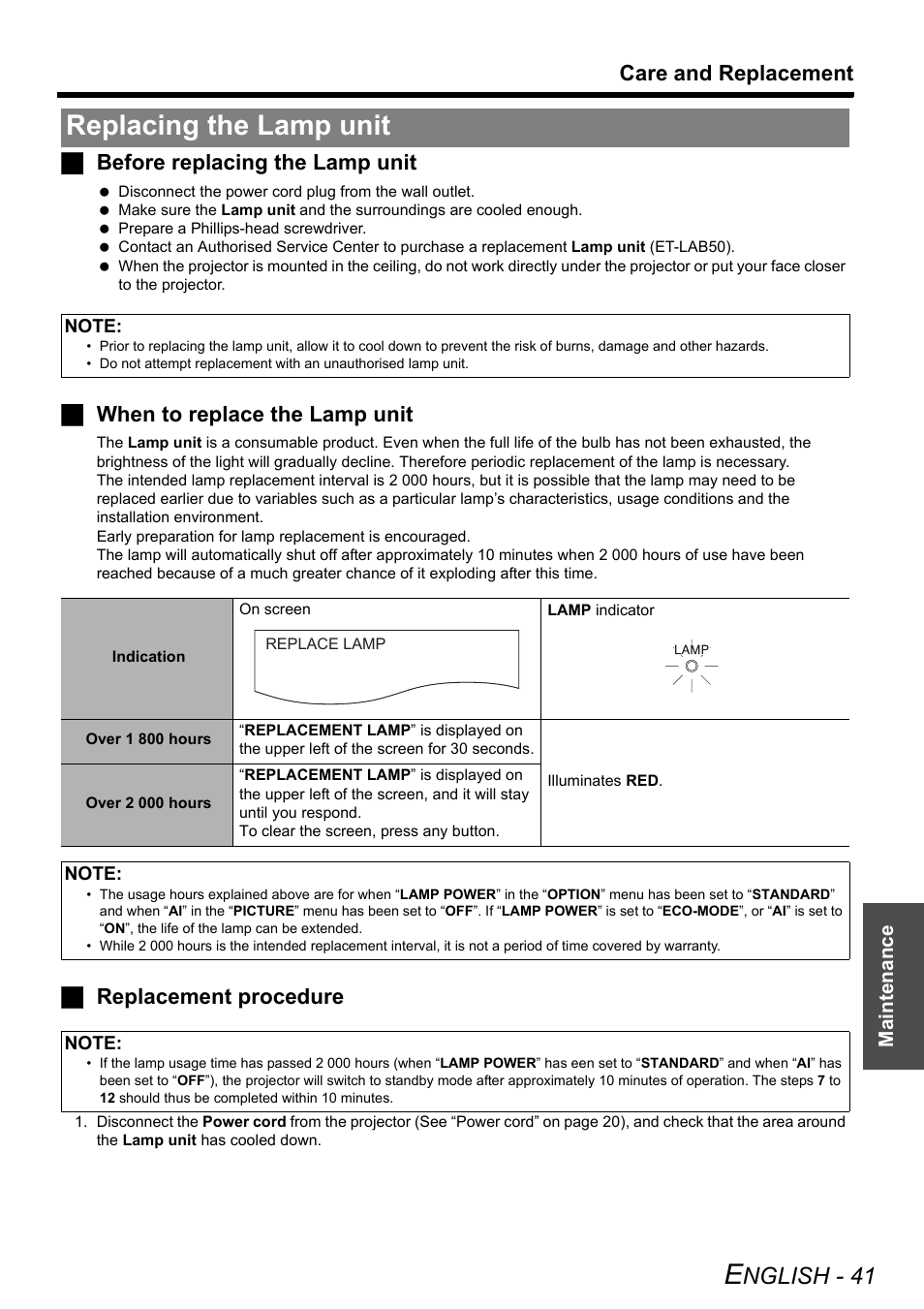 Replacing the lamp unit, Nglish - 41, Care and replacement | Jbefore replacing the lamp unit, Jwhen to replace the lamp unit, Jreplacement procedure | Philips PT-LB51SU User Manual | Page 41 / 62