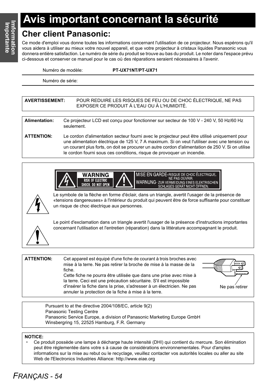 Avis important concernant la sécurité, Cher client panasonic, Rançais - 54 | Philips PT-LB51SU User Manual | Page 54 / 62