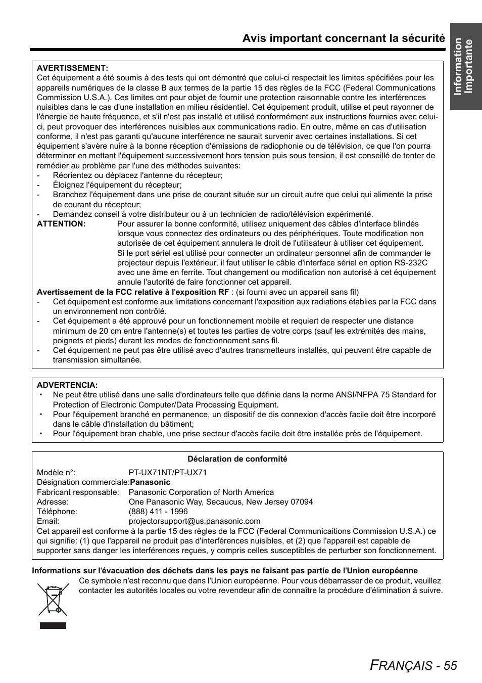 Rançais - 55, Avis important concernant la sécurité, Information importante | Philips PT-LB51SU User Manual | Page 55 / 62