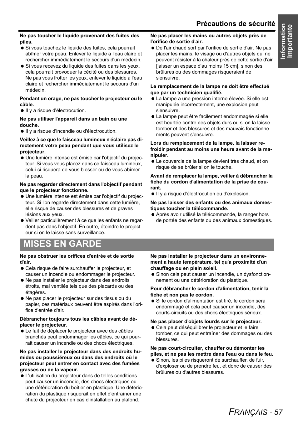 Mises en garde, Rançais - 57, Précautions de sécurité | Information importante | Philips PT-LB51SU User Manual | Page 57 / 62