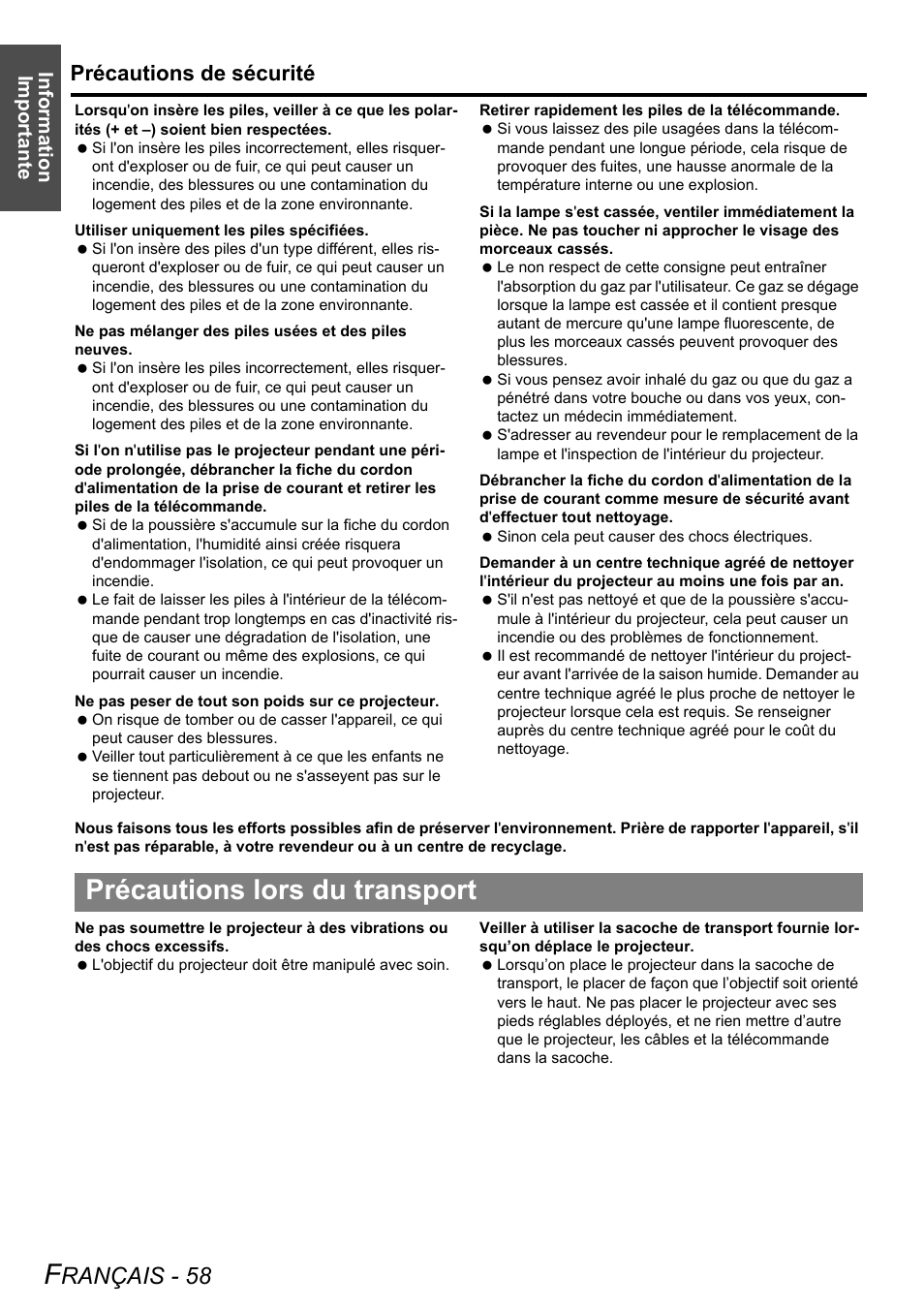 Précautions lors du transport, Rançais - 58, Précautions de sécurité | Information importante | Philips PT-LB51SU User Manual | Page 58 / 62