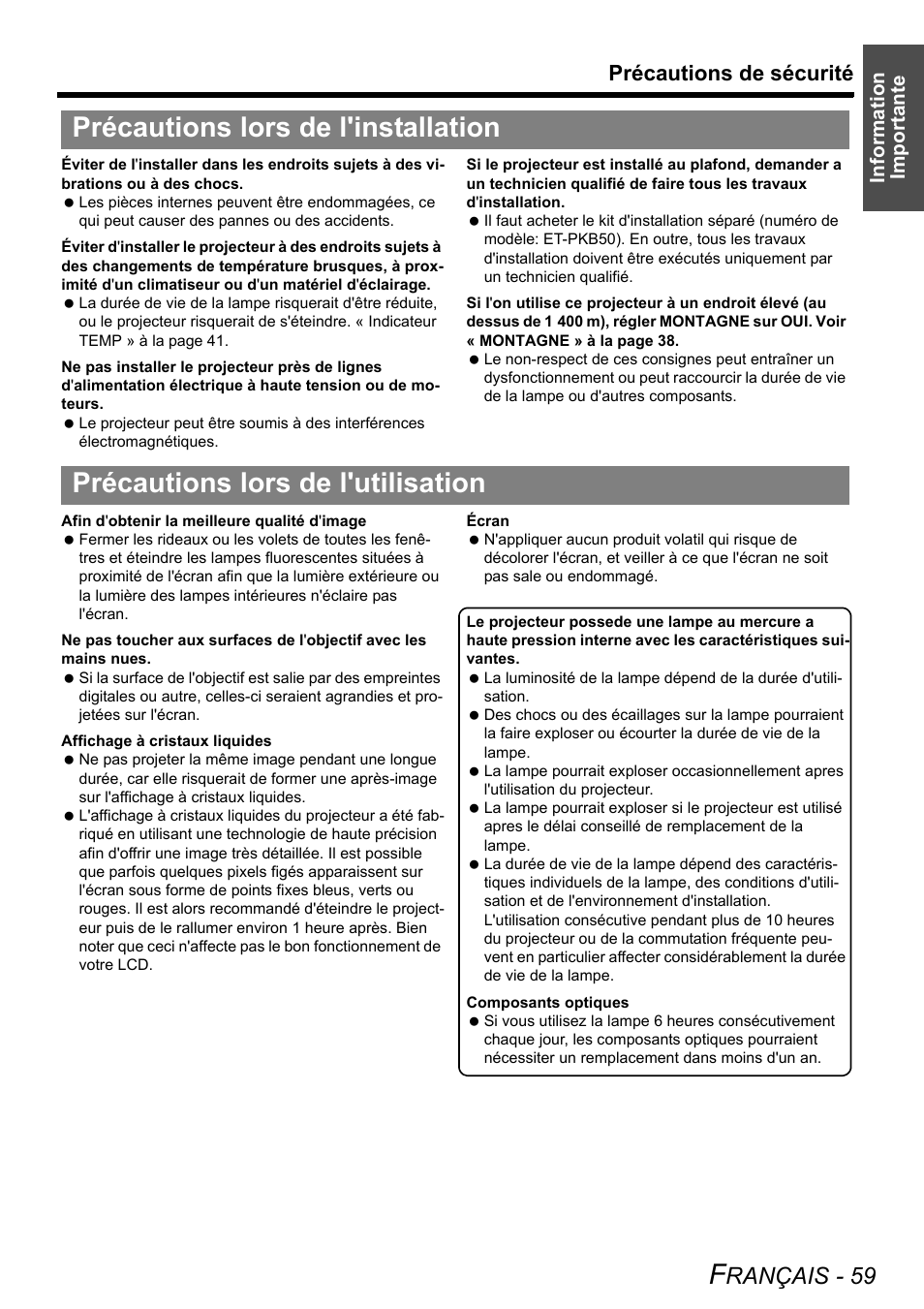 Précautions lors de l'installation, Précautions lors de l'utilisation, Rançais - 59 | Précautions de sécurité | Philips PT-LB51SU User Manual | Page 59 / 62