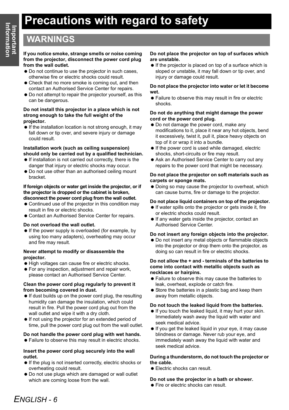 Precautions with regard to safety, Warnings, Nglish - 6 | Important information | Philips PT-LB51SU User Manual | Page 6 / 62