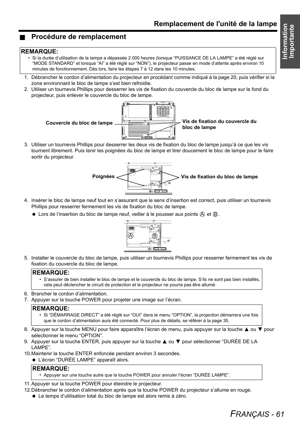 Rançais - 61, Remplacement de l'unité de la lampe, Procédure de remplacement | Information importante | Philips PT-LB51SU User Manual | Page 61 / 62