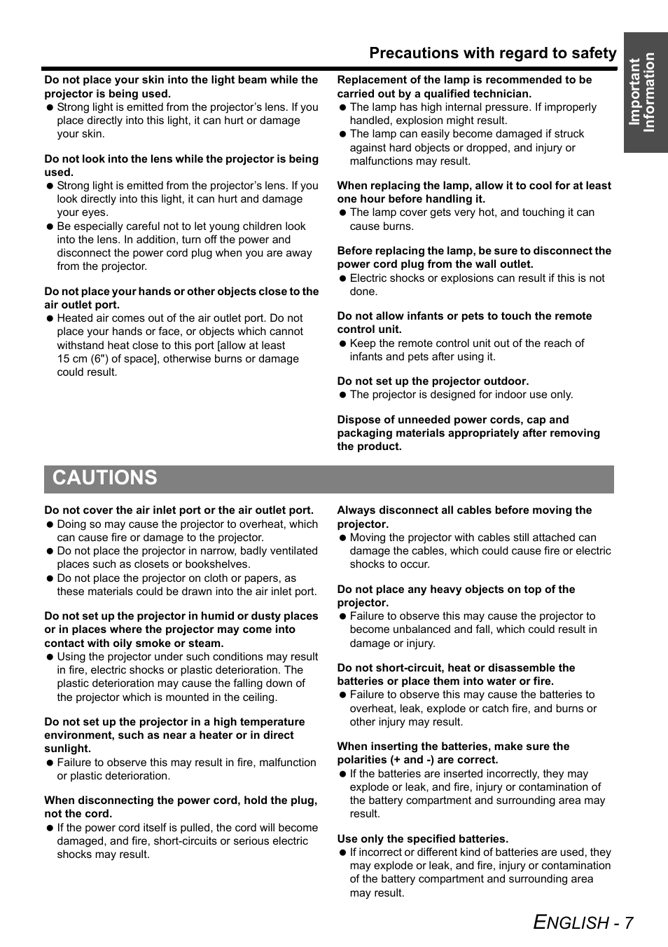 Cautions, Nglish - 7, Precautions with regard to safety | Important information | Philips PT-LB51SU User Manual | Page 7 / 62