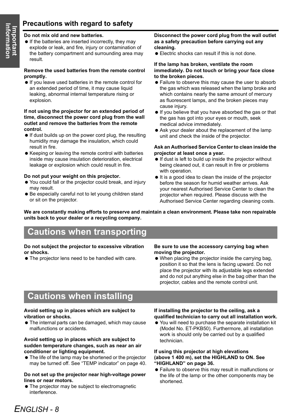 Cautions when transporting, Cautions when installing, Nglish - 8 | Precautions with regard to safety, Important information | Philips PT-LB51SU User Manual | Page 8 / 62