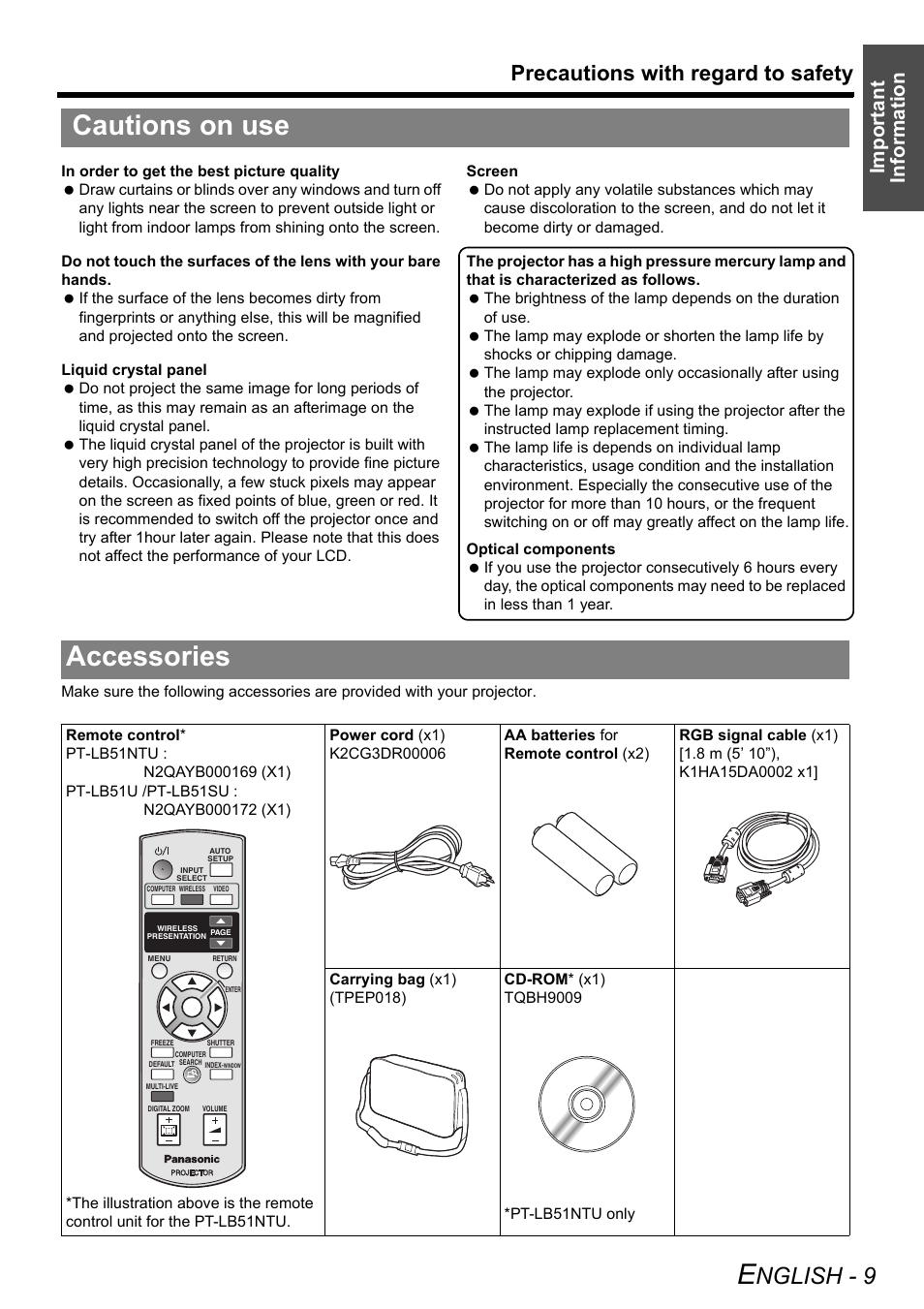 Cautions on use, Accessories, Cautions on use accessories | Nglish - 9, Precautions with regard to safety, Important information | Philips PT-LB51SU User Manual | Page 9 / 62