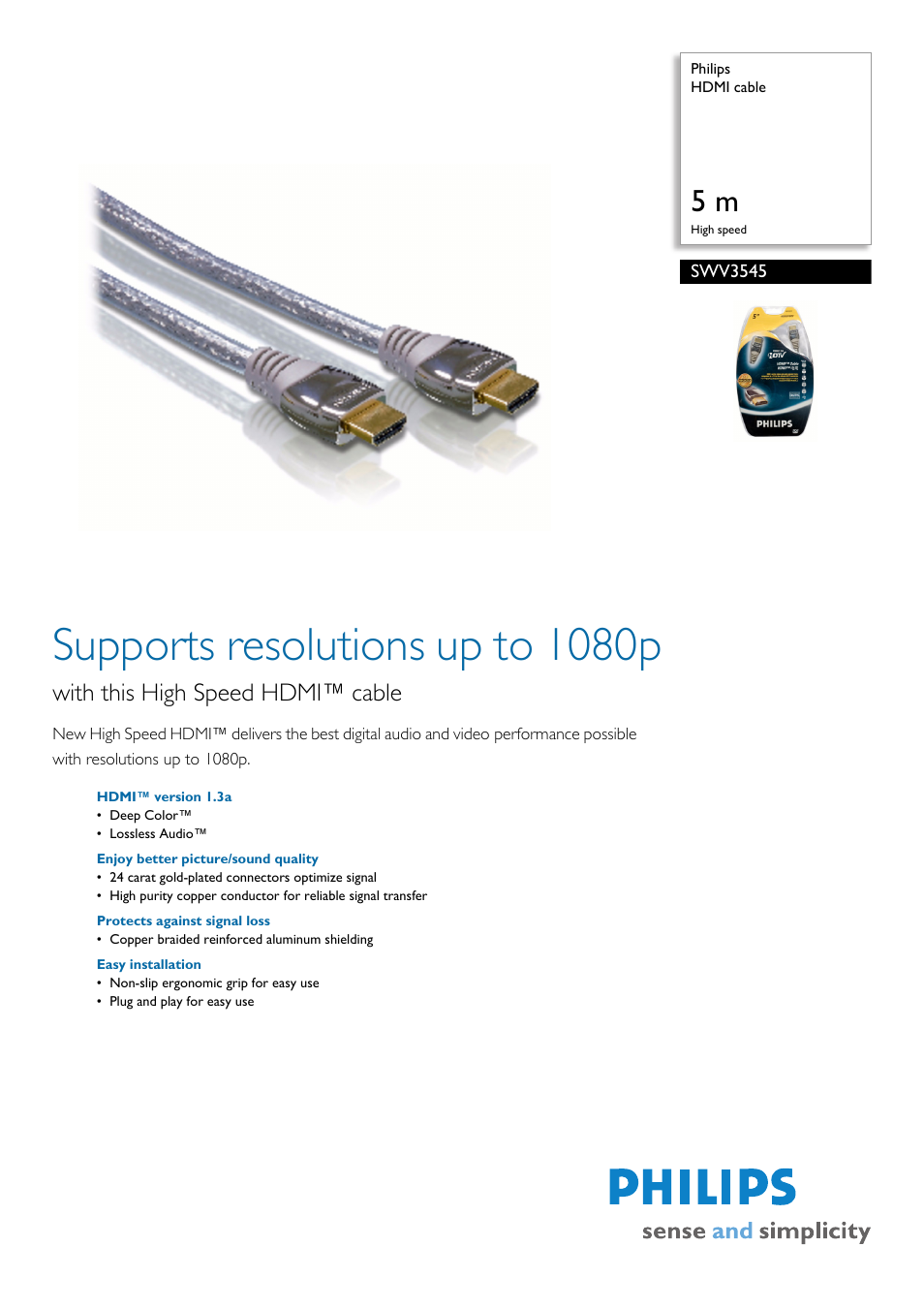 Philips HDMI Cable SWV3545 User Manual | 2 pages
