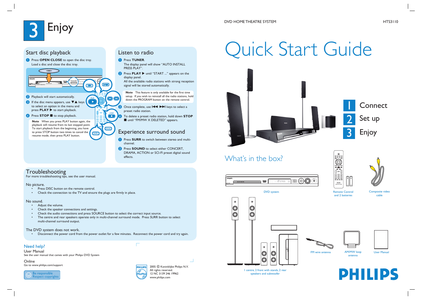 Quick start guide, Enjoy, Connect set up enjoy | What’s in the box, Start disc playback, Listen to radio, Experience surround sound, Troubleshooting | Philips HTS3110 User Manual | Page 2 / 2