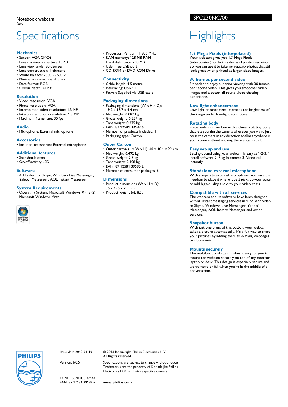 Specifications, Highlights | Philips SPC230NC User Manual | Page 2 / 2