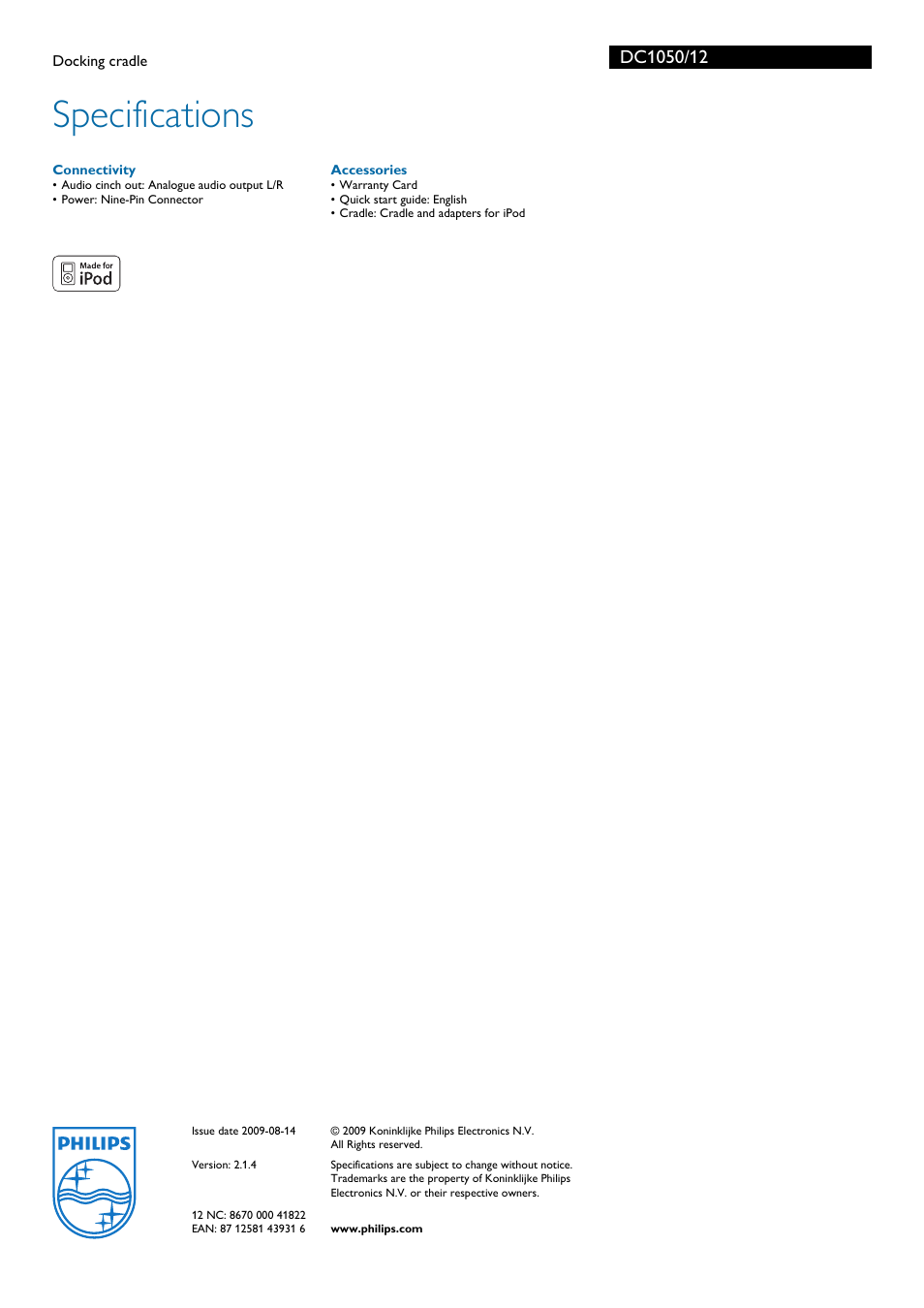 Specifications | Philips Streamium DC1050/12 User Manual | Page 2 / 2
