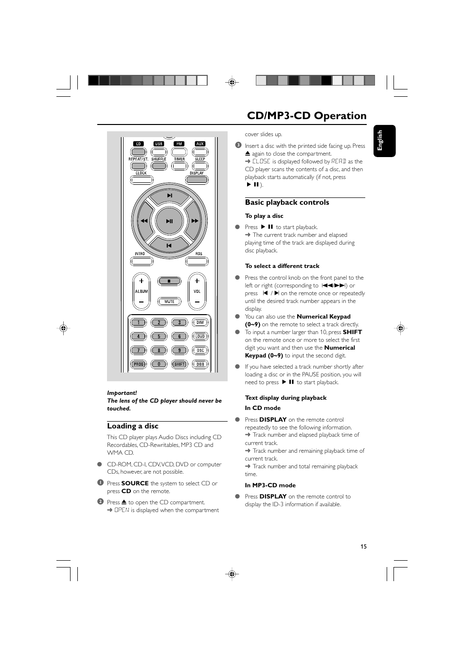 Cd/mp3-cd operation, Basic playback controls, Loading a disc | Philips MCM710 User Manual | Page 15 / 26