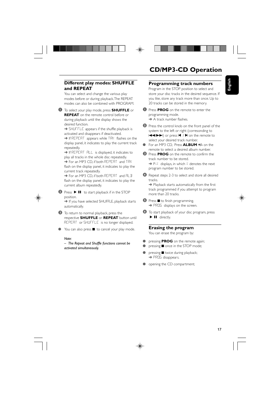 Cd/mp3-cd operation, Different play modes: shuffle and repeat, Programming track numbers | Erasing the program | Philips MCM710 User Manual | Page 17 / 26