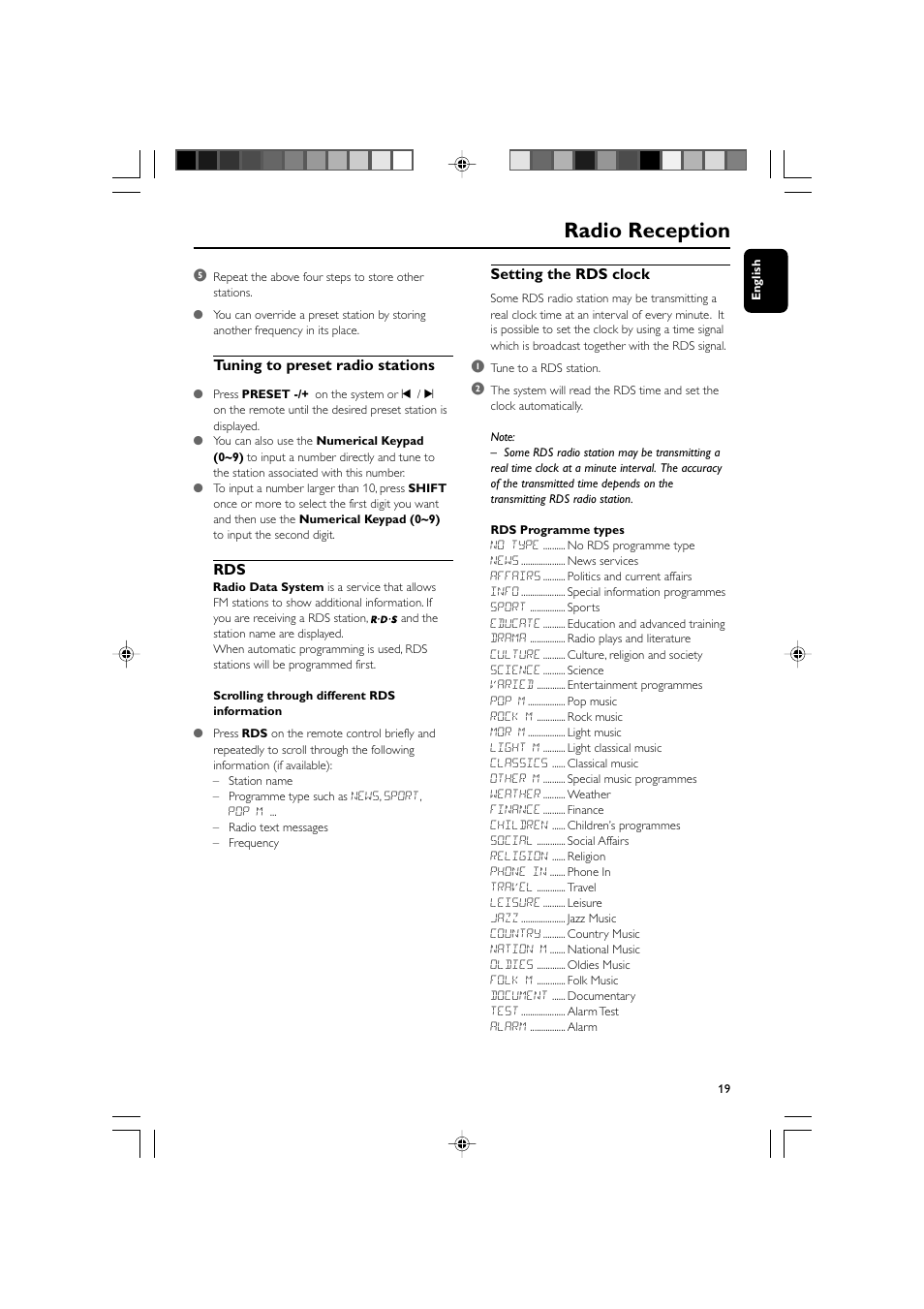 Radio reception, Tuning to preset radio stations, Setting the rds clock | Philips MCM710 User Manual | Page 19 / 26