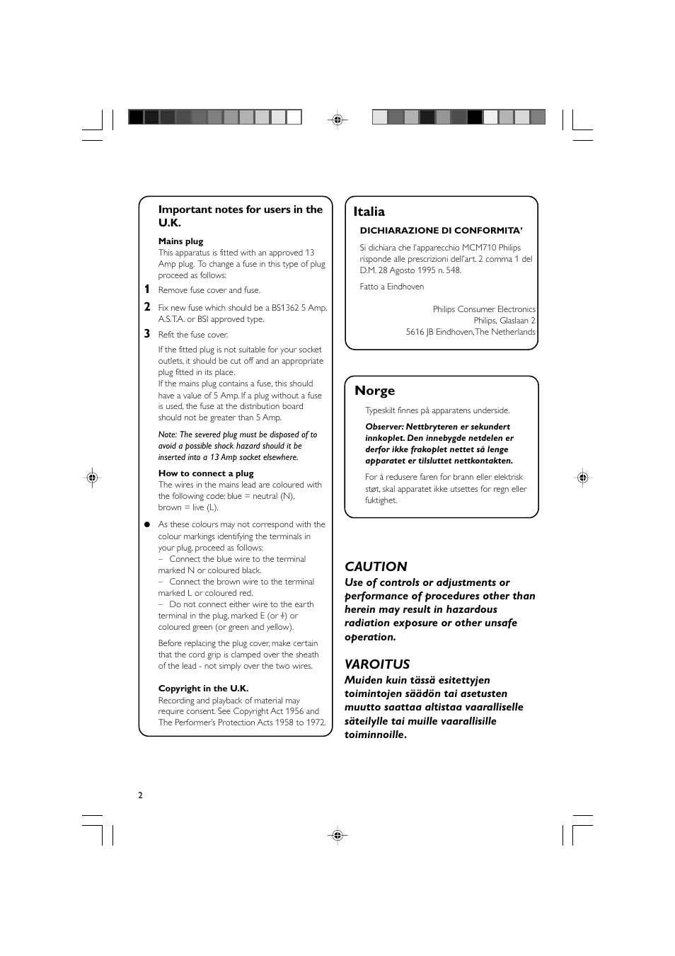 Norge, Italia, Caution | Varoitus | Philips MCM710 User Manual | Page 2 / 26