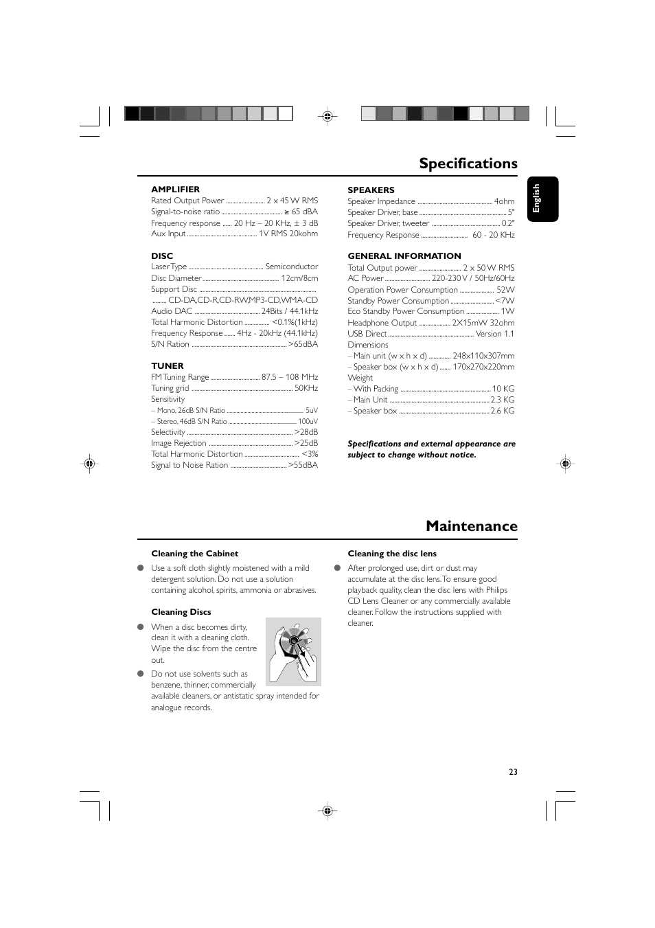 Maintenance specifications | Philips MCM710 User Manual | Page 23 / 26