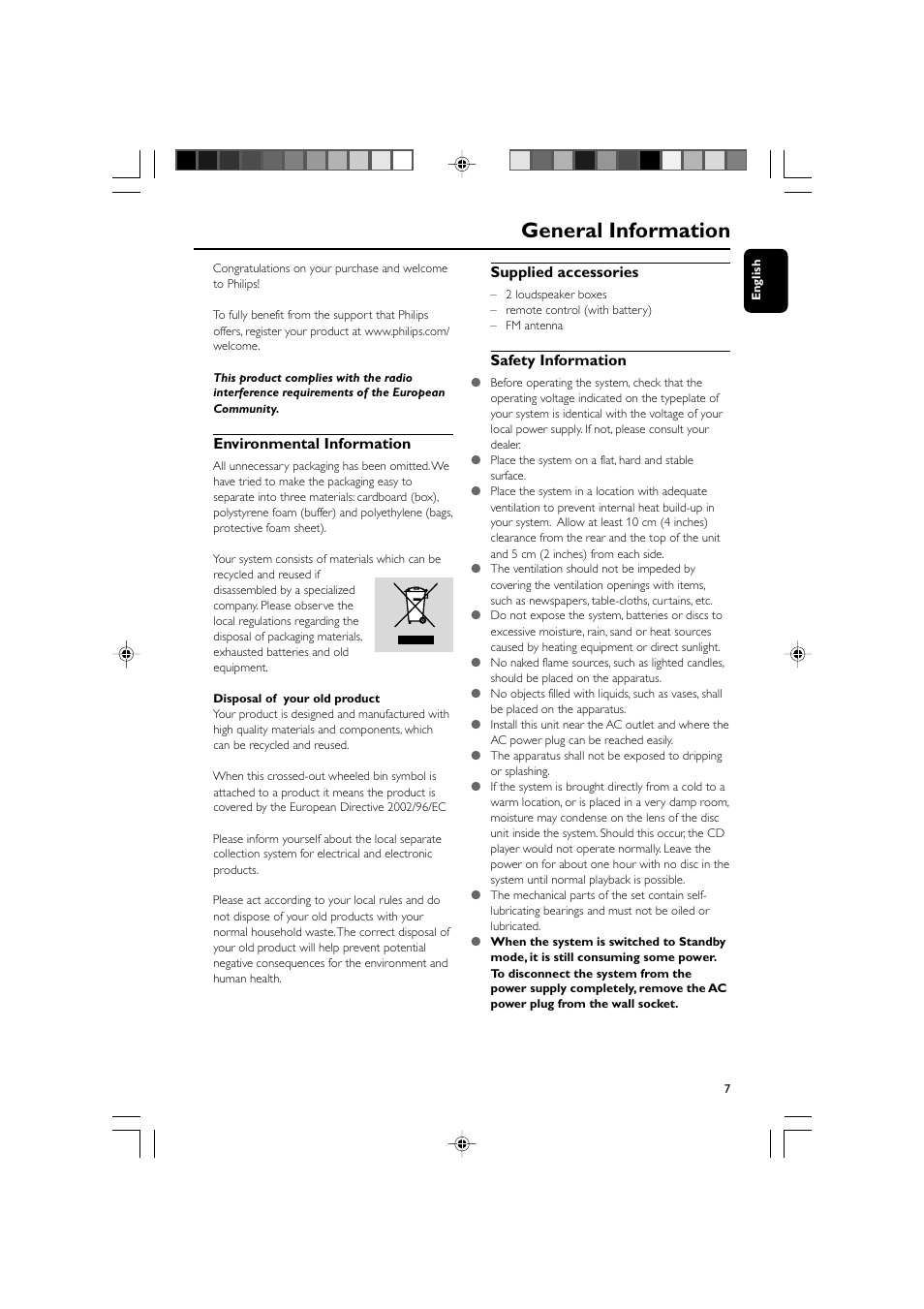 General information, Environmental information, Supplied accessories | Safety information | Philips MCM710 User Manual | Page 7 / 26
