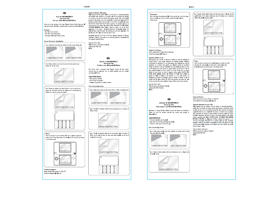 Remarque, Support technique, Garantie iimitée à vie | Características, Pose du protége-écran, Hard protector soft protector, Nota, Soporte técnico, Garantía limitada de por vida | Philips SGE3006WB/27 User Manual | Page 2 / 2