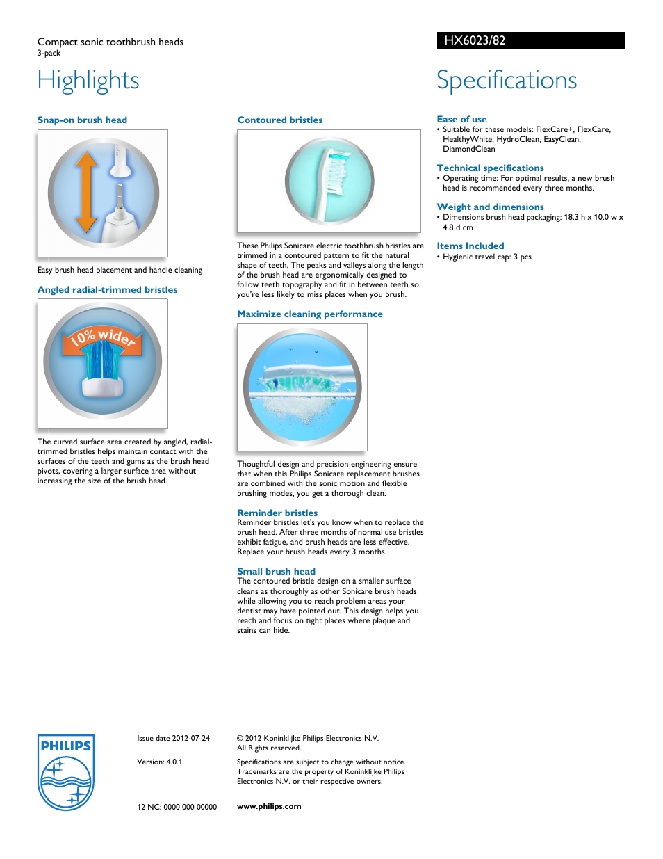 Highlights, Specifications | Philips HX6082 User Manual | Page 2 / 2