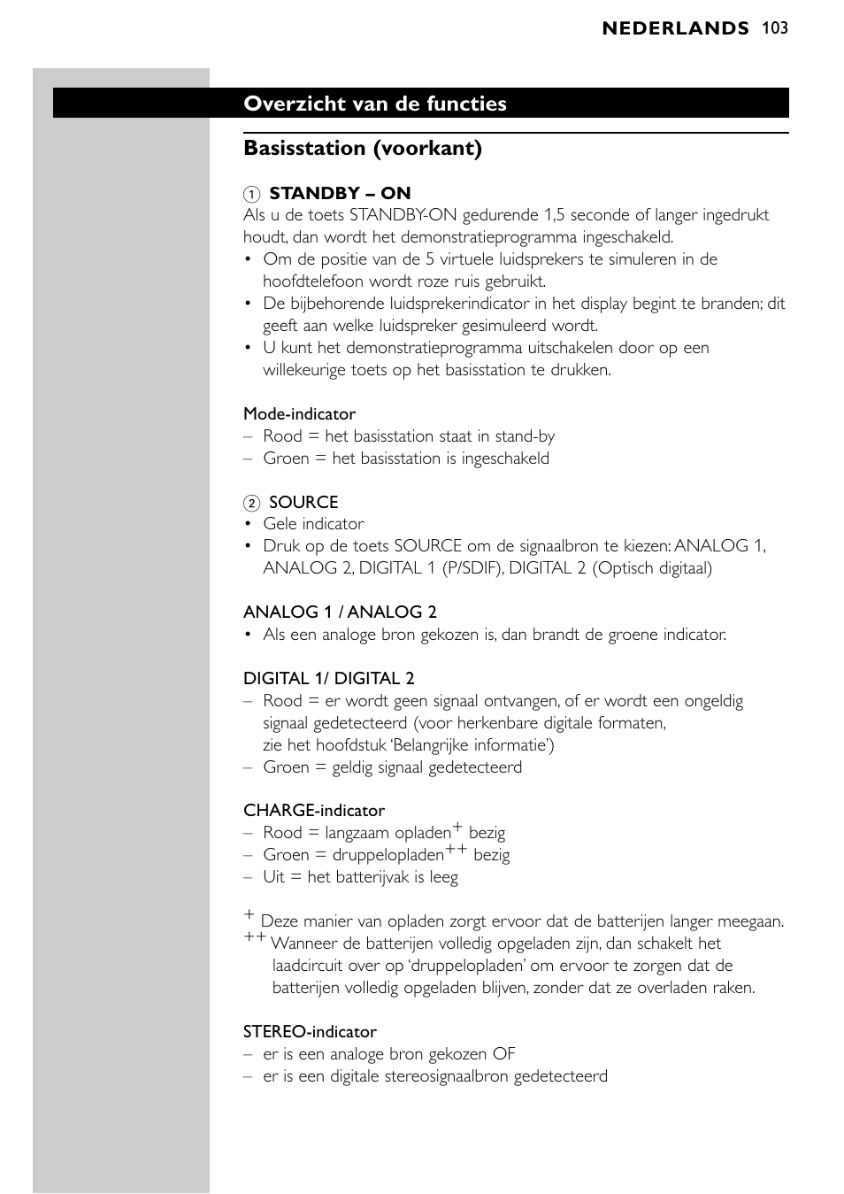 Overzicht van de functies basisstation (voorkant) | Philips SBCHD1500U User Manual | Page 103 / 229