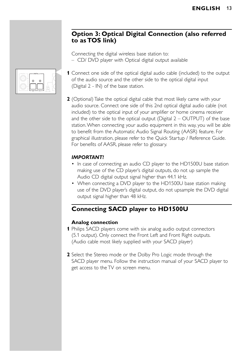 Connecting sacd player to hd1500u | Philips SBCHD1500U User Manual | Page 13 / 229
