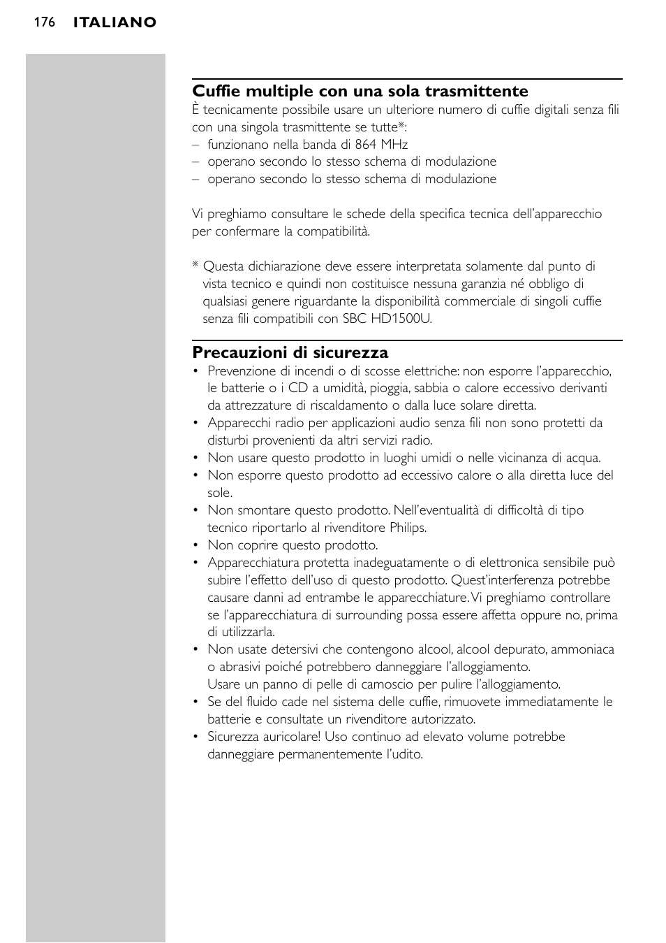 Cuffie multiple con una sola trasmittente, Precauzioni di sicurezza | Philips SBCHD1500U User Manual | Page 176 / 229