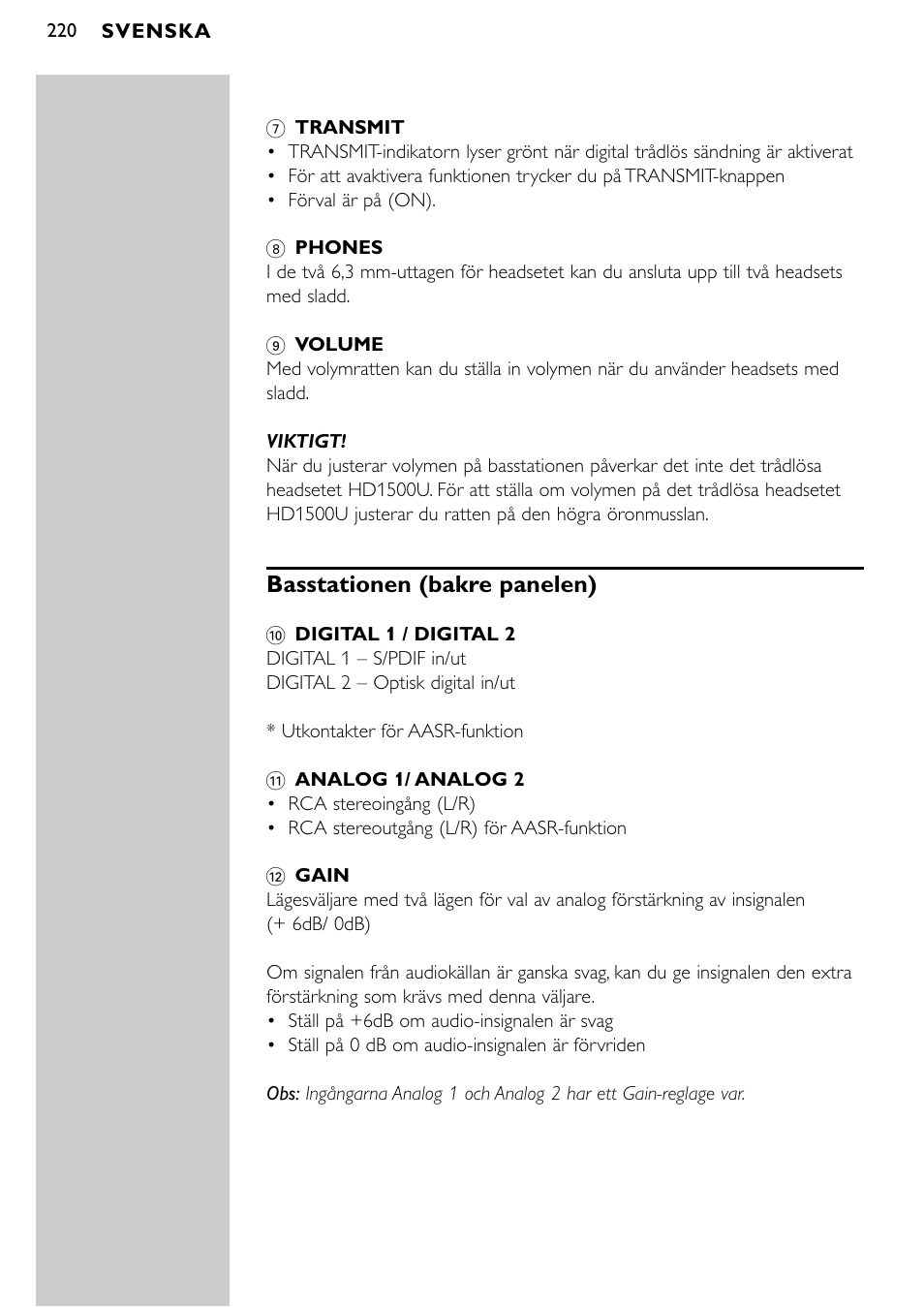 Basstationen (bakre panelen) | Philips SBCHD1500U User Manual | Page 220 / 229