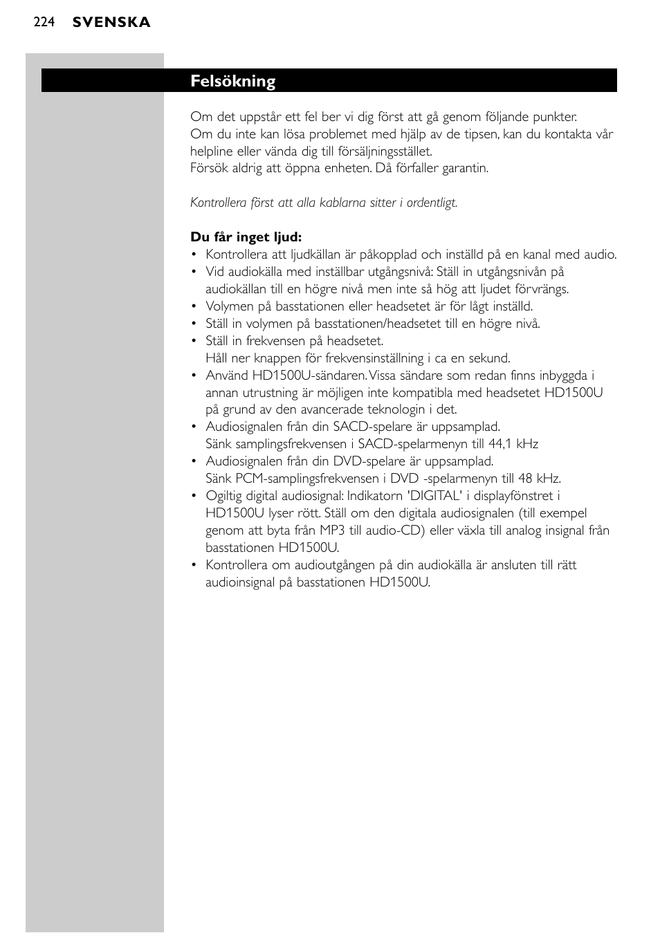 Felsökning | Philips SBCHD1500U User Manual | Page 224 / 229