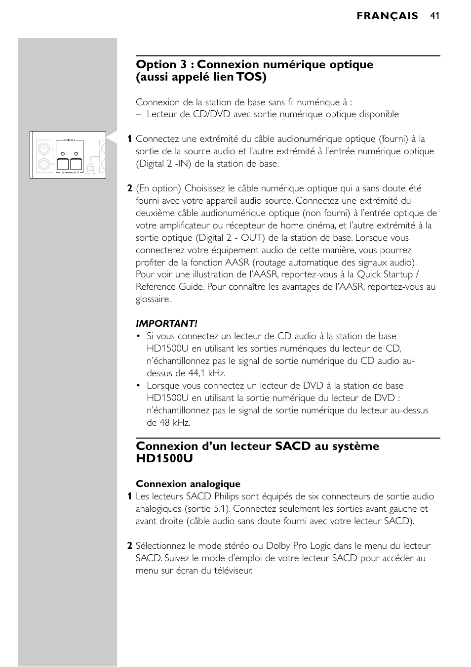 Connexion d’un lecteur sacd au système hd1500u | Philips SBCHD1500U User Manual | Page 41 / 229