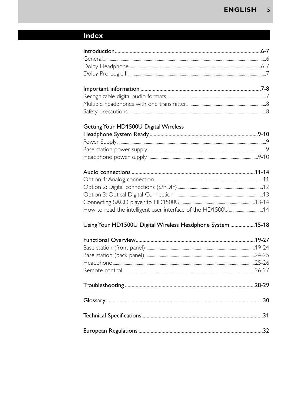 Index | Philips SBCHD1500U User Manual | Page 5 / 229